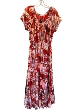 Kate and Lili maroon & beige  Floral Maxi Dress 53” length Sz 14P,,tiered boho